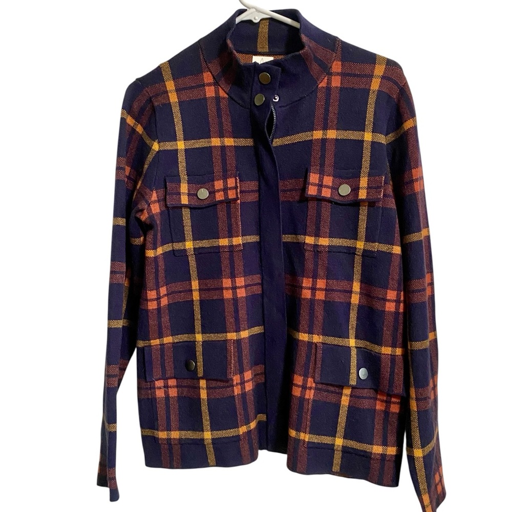 Joie Navy Plaid Lightweight Shirt Jacket with Orange and Gold Checks